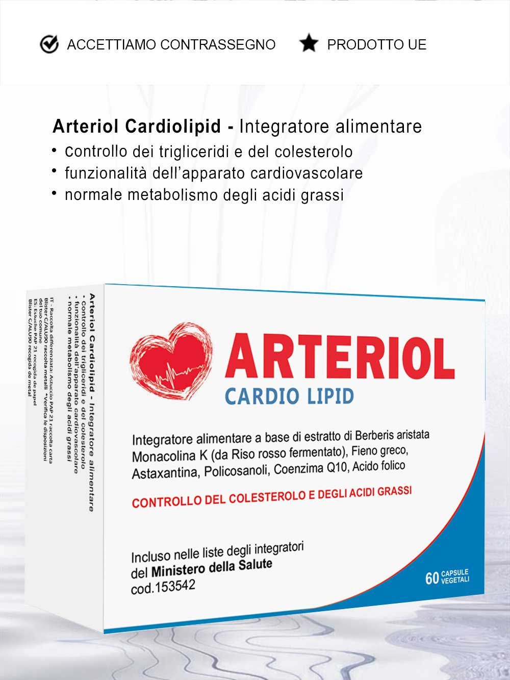 Scatola bianca con cuore rosso e testo "ARTERIOL CARDIO LIPID". Contiene informazioni sugli ingredienti e l'uso.