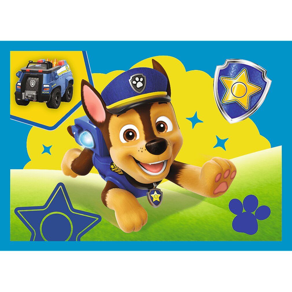 Puzzle con Chase, un'auto della polizia e un distintivo. Sfondo con stelle, impronta di zampa e nuvole. Bordo blu.