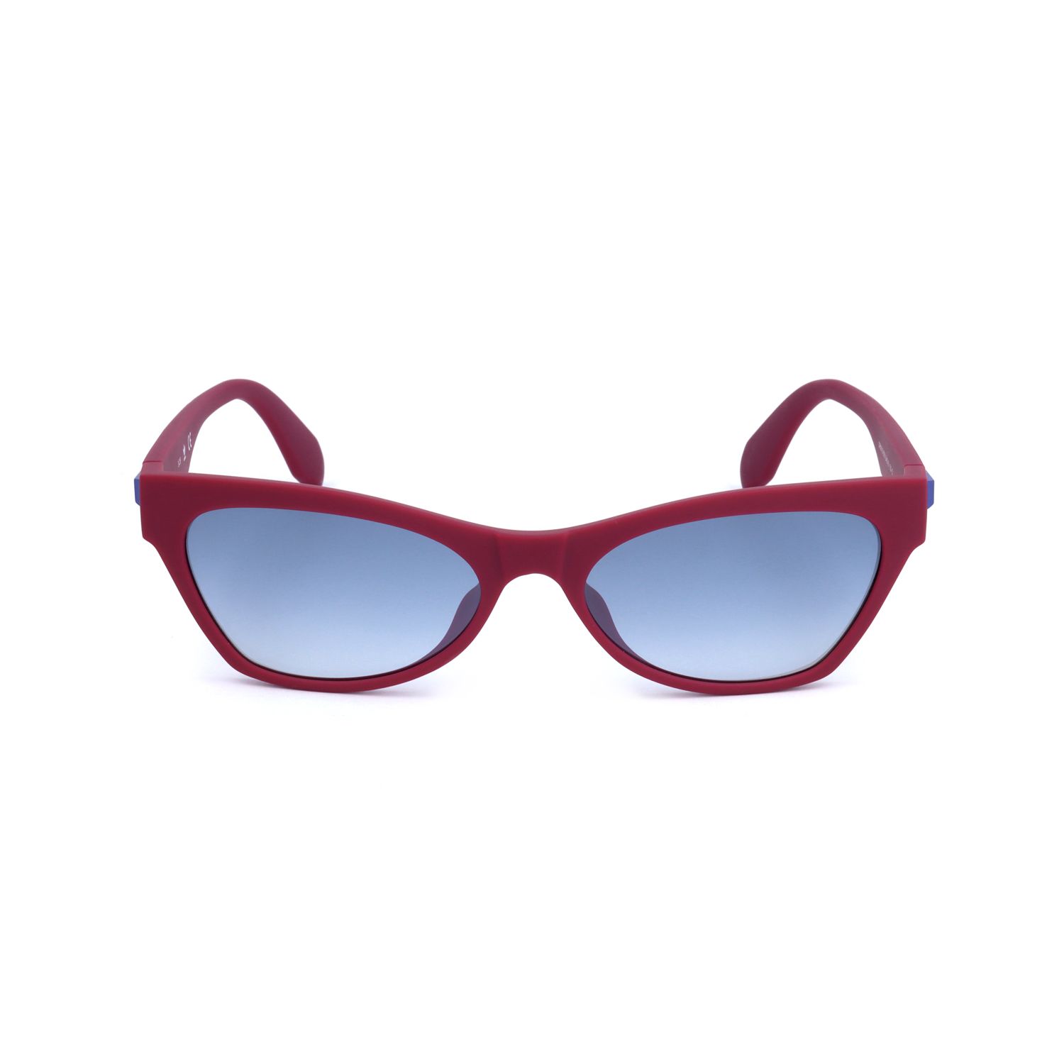 Occhiali da sole cat-eye rossi con lenti blu.