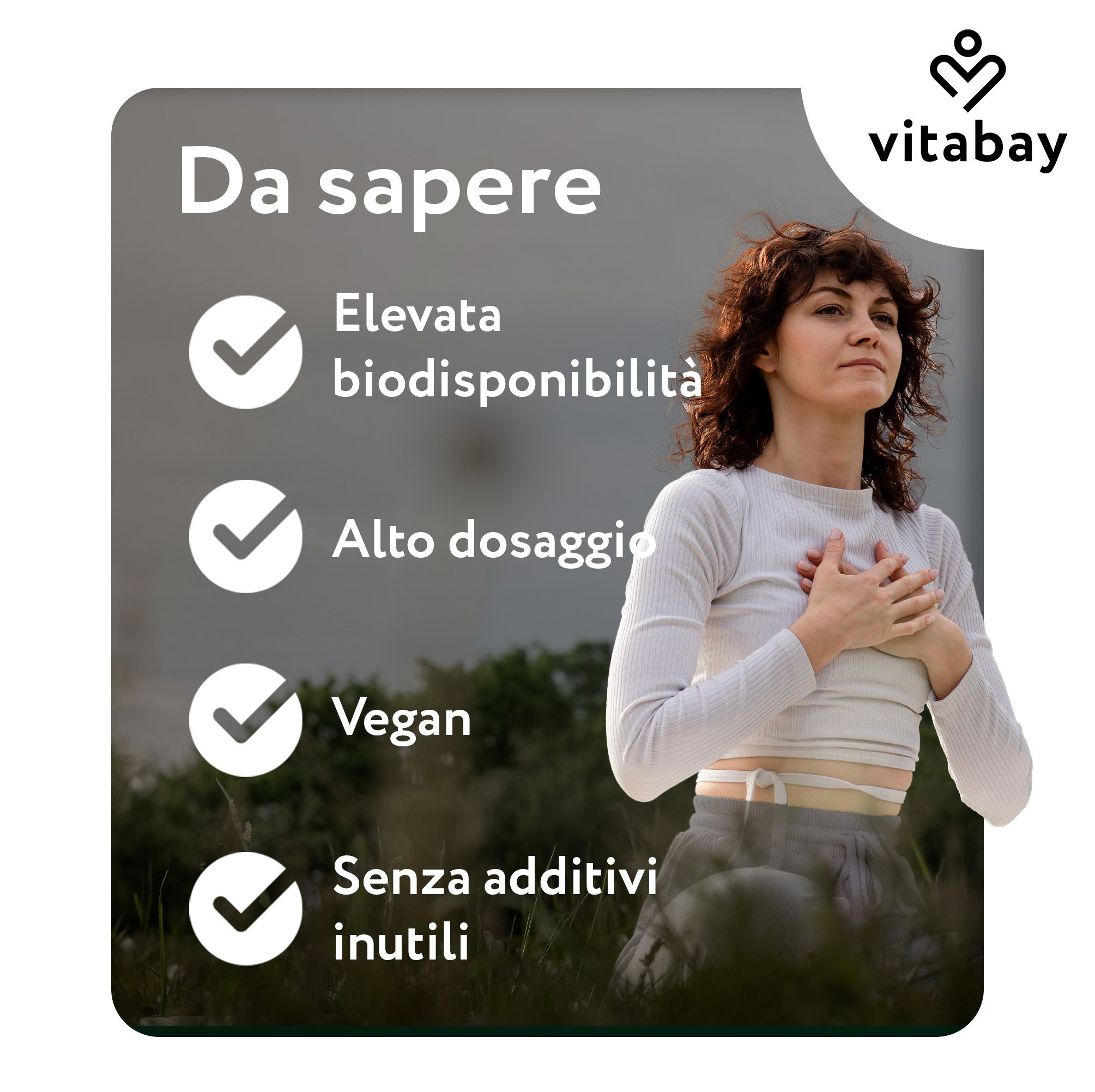 Sfondo con testo: Alta biodisponibilità, alto dosaggio, vegano, senza additivi inutili. Logo Vitabay.