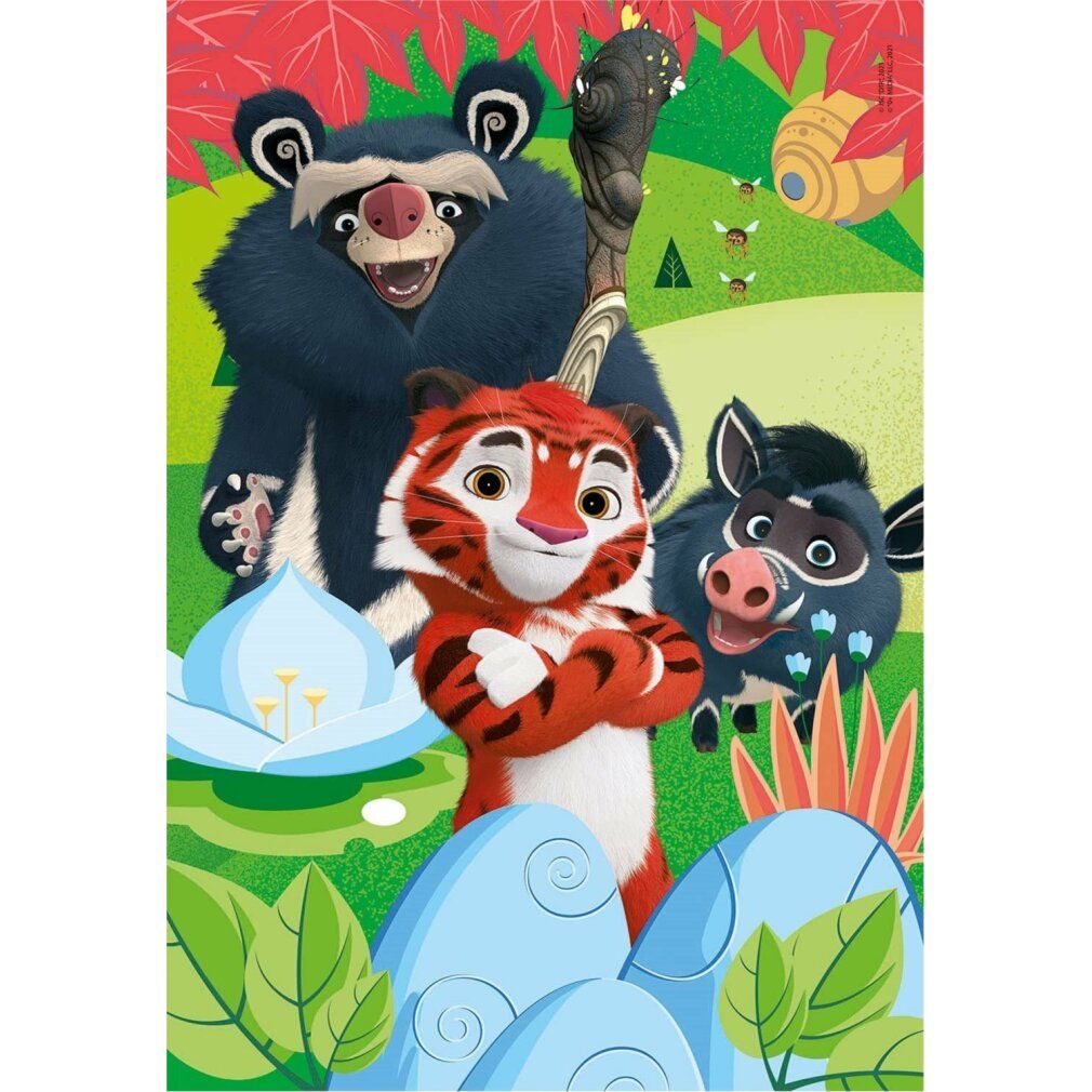 Motivo puzzle con Leo, Tig e altri personaggi. Tig in rosso, gli altri in blu e nero. Sfondo con alberi e fiori.
