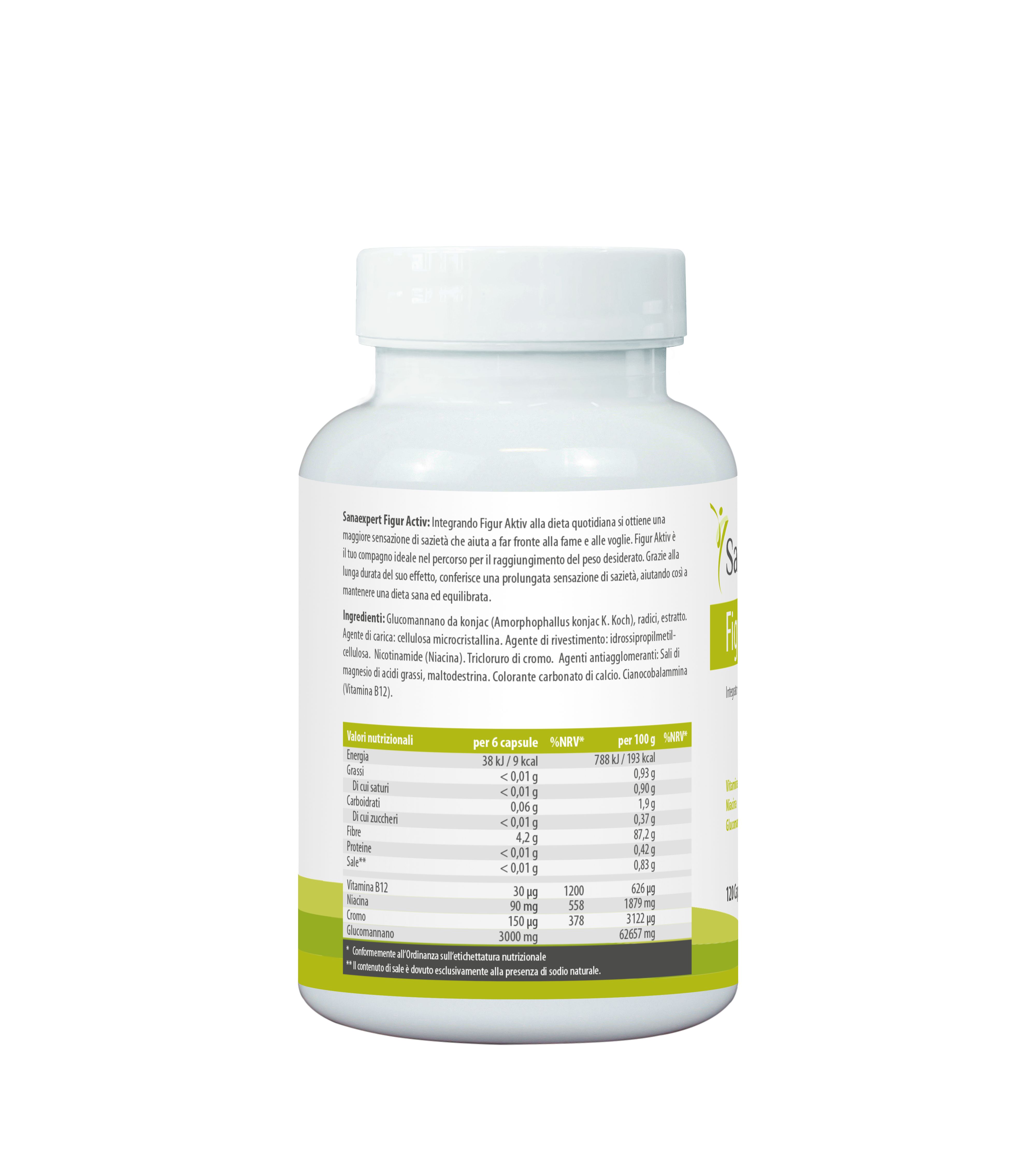 Retro della bottiglia SanaExpert Figer Aktiv. Contiene informazioni sugli ingredienti e l'uso.