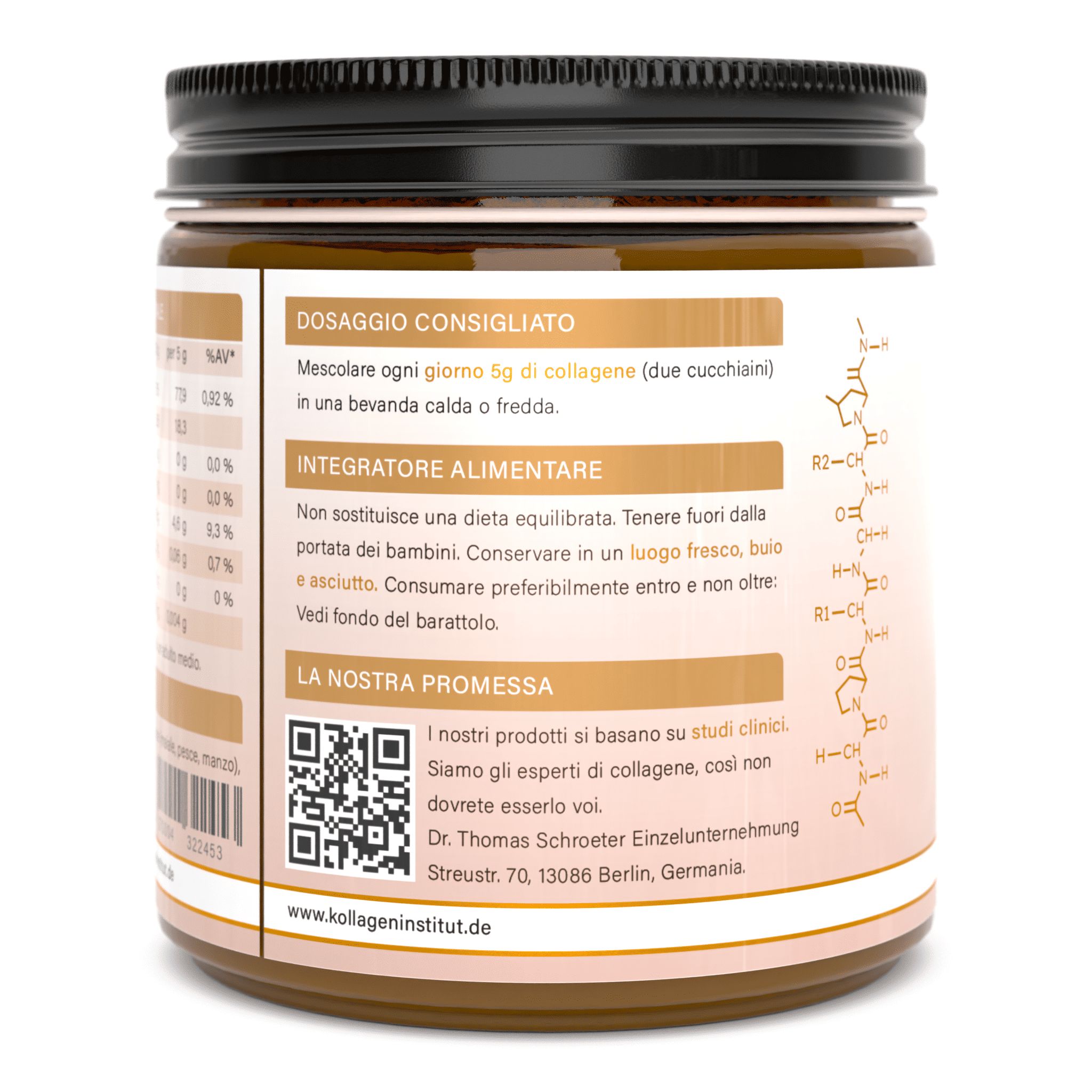 Retro di un barattolo di Kollagen Institut. Raccomandazioni di dosaggio, istruzioni per l'uso, codice QR, informazioni di contatto e formula strutturale chimica.