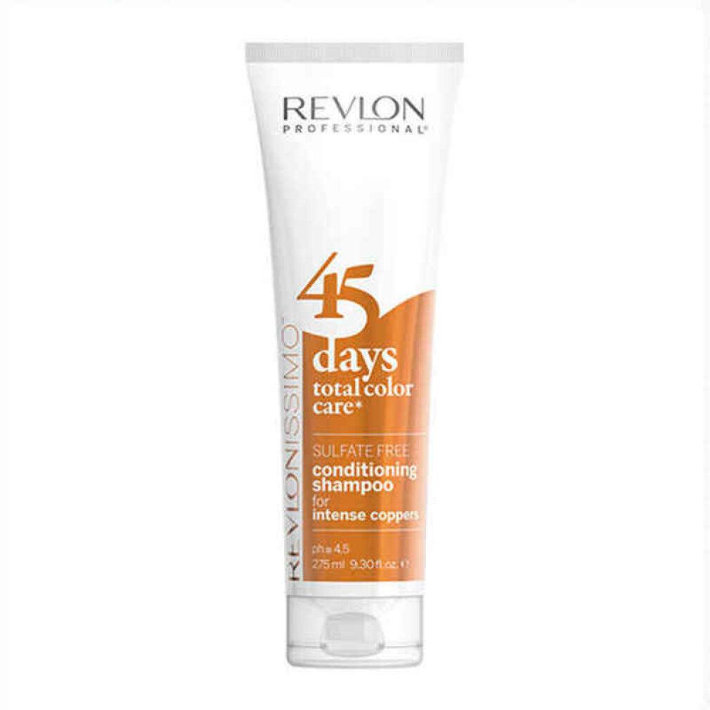 Tubo bianco-arancione. Scritta: Revlon Professional, 45 Days, total color care, Shampooing conditionneur pour cuivrés intenses. pH 4.5.