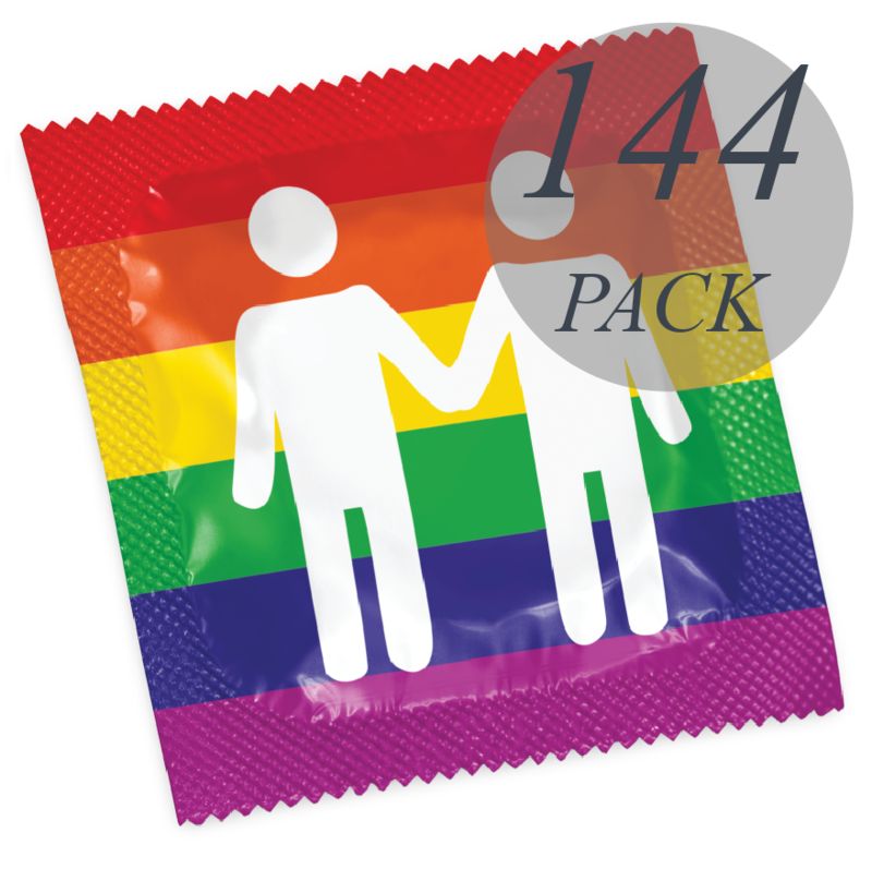 Preservativo Pasante Pride: confezione singola con design arcobaleno e due figure stilizzate, pacco da 144.