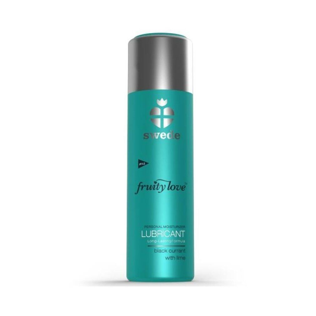 Flacone turchese con tappo argentato. Scritta: Swede, Fruity Love, Lubricant, Black Currant with Lime.