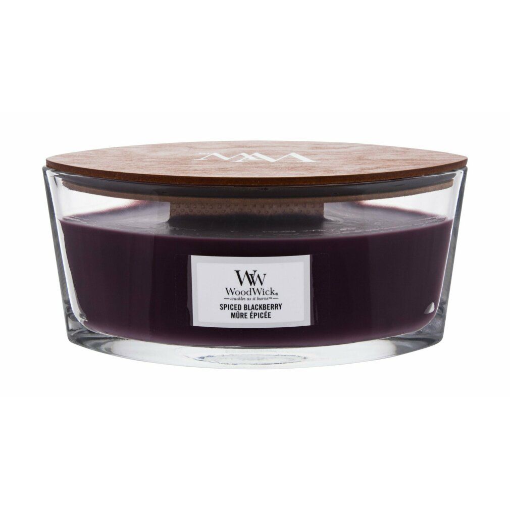 Candela Ellipse con coperchio in legno. Cera viola in contenitore di vetro. Etichetta "Spiced Blackberry". Logo WW.