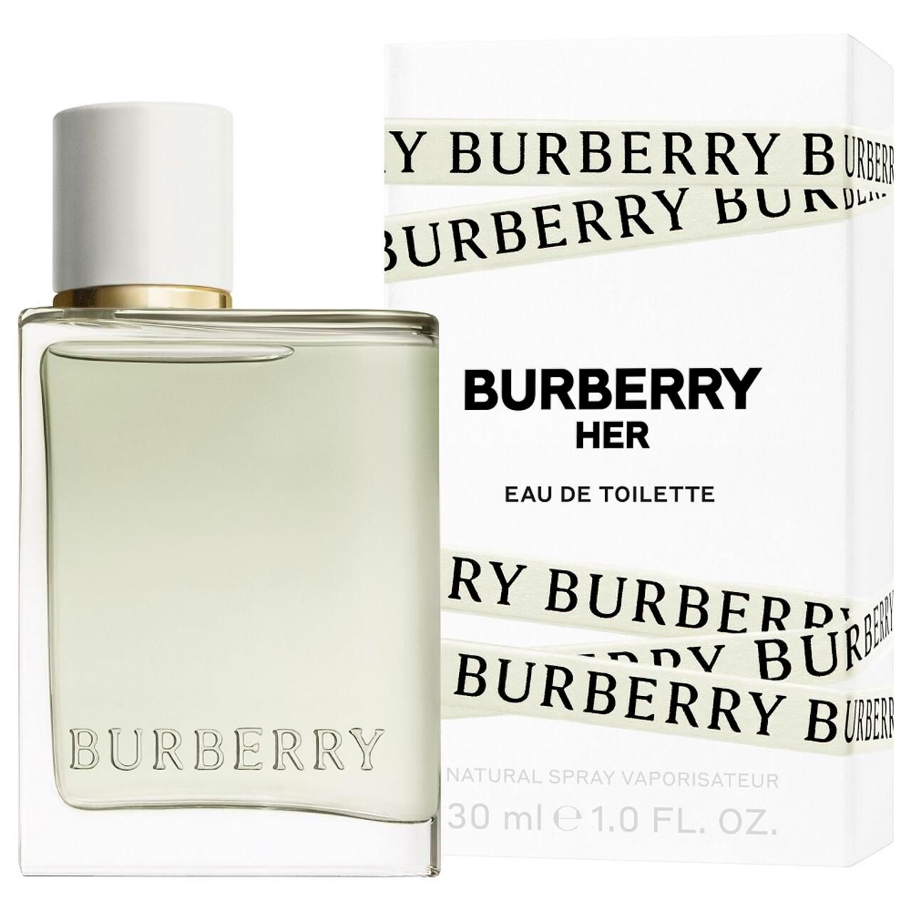 Burberry Her Eau de Toilette. Flacone con tappo bianco e colletto dorato. Confezione con logo e scritta.