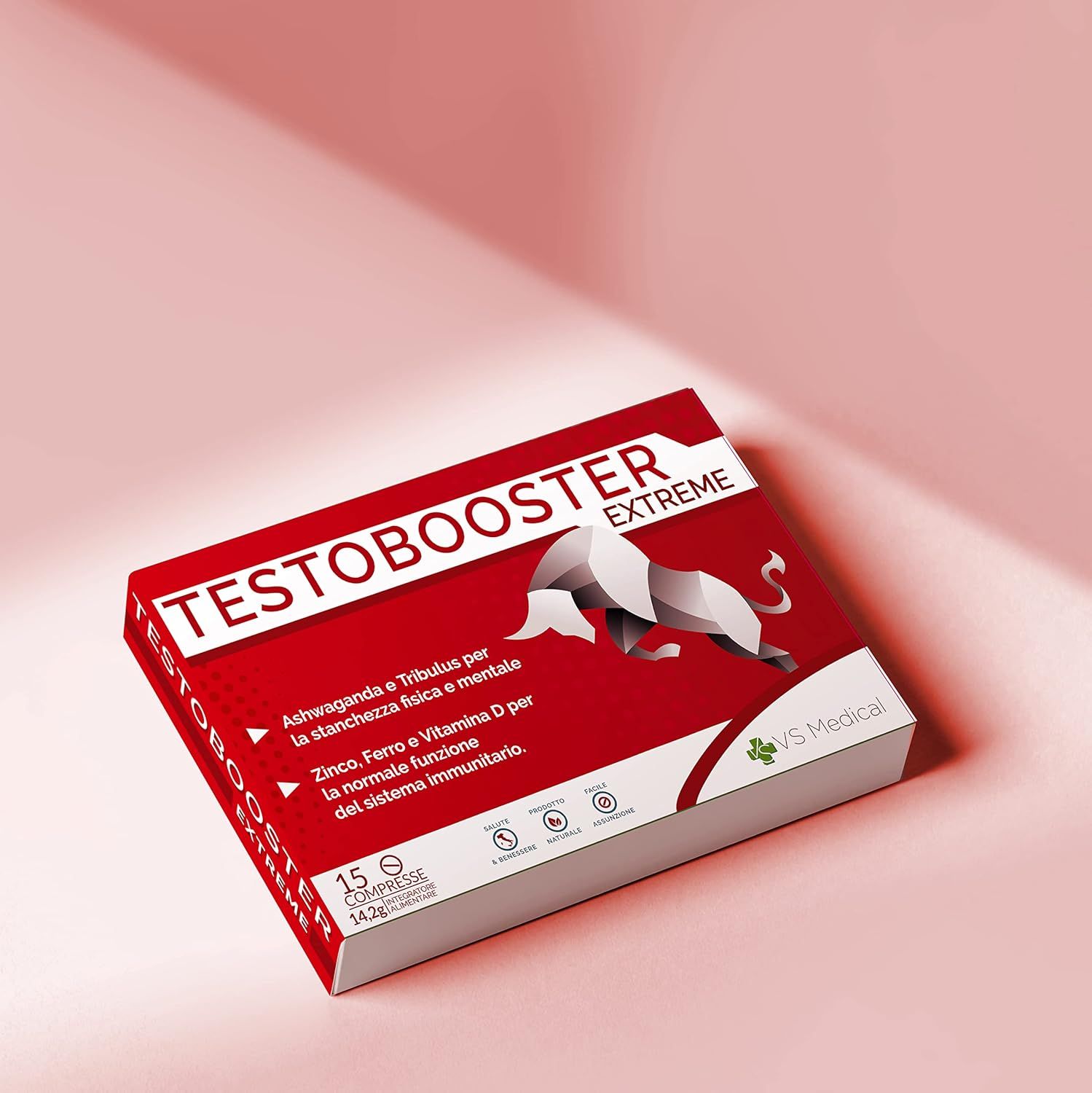 Confezione prodotto rossa con testo: Testobooster Extreme, 15 compresse. Logo VS Medical. Su sfondo rosa.