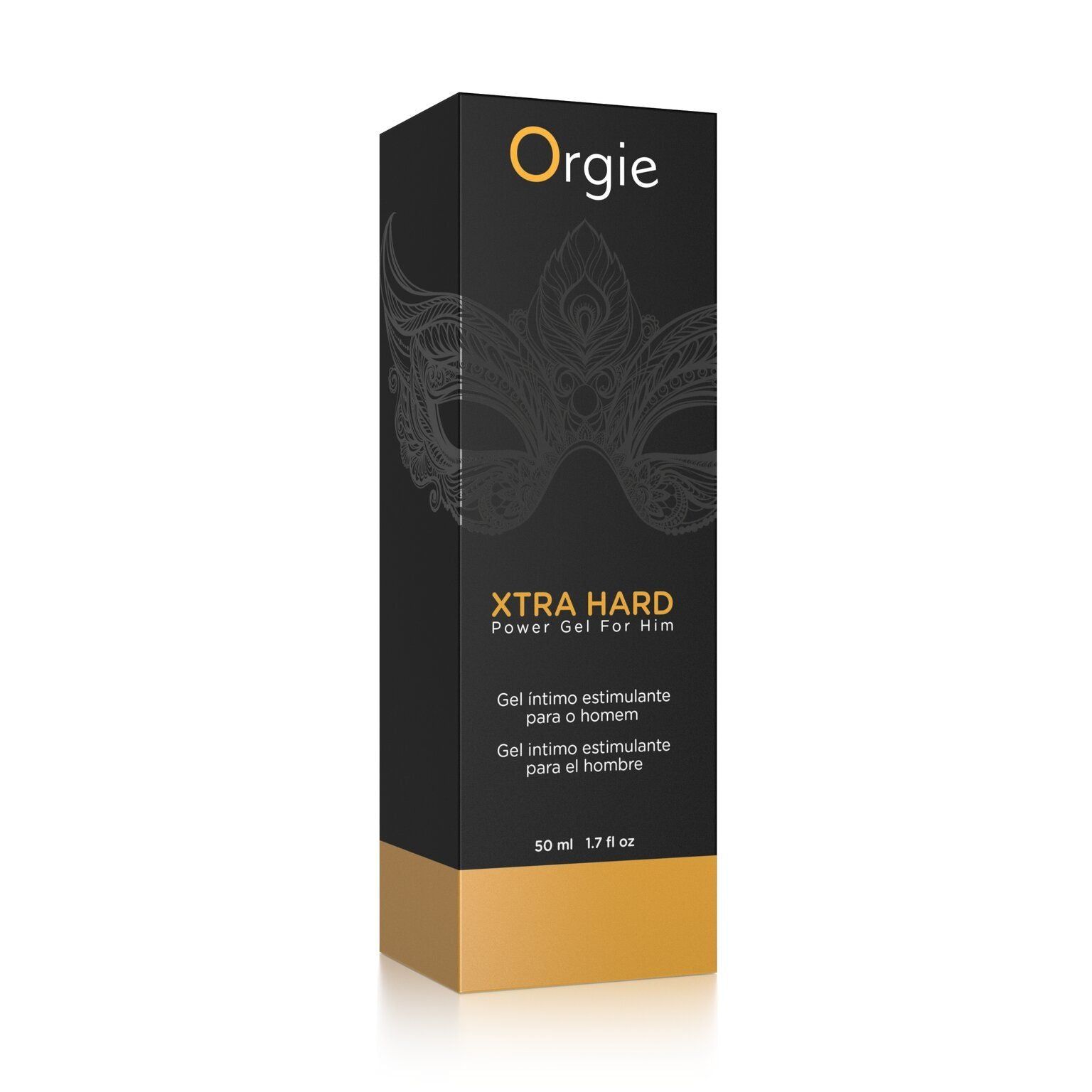 Confezione nera con logo e design a maschera. Testo: XTRA HARD Power Gel For Him. Accento dorato in basso.