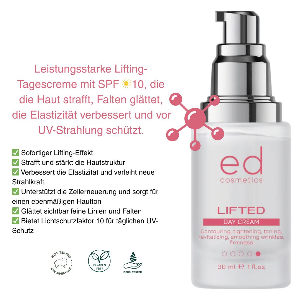 Flacone di crema con erogatore. Testo: ed cosmetics, LIFTED DAY CREAM. Testo e loghi aggiuntivi. 30 ml, 1 fl.oz.