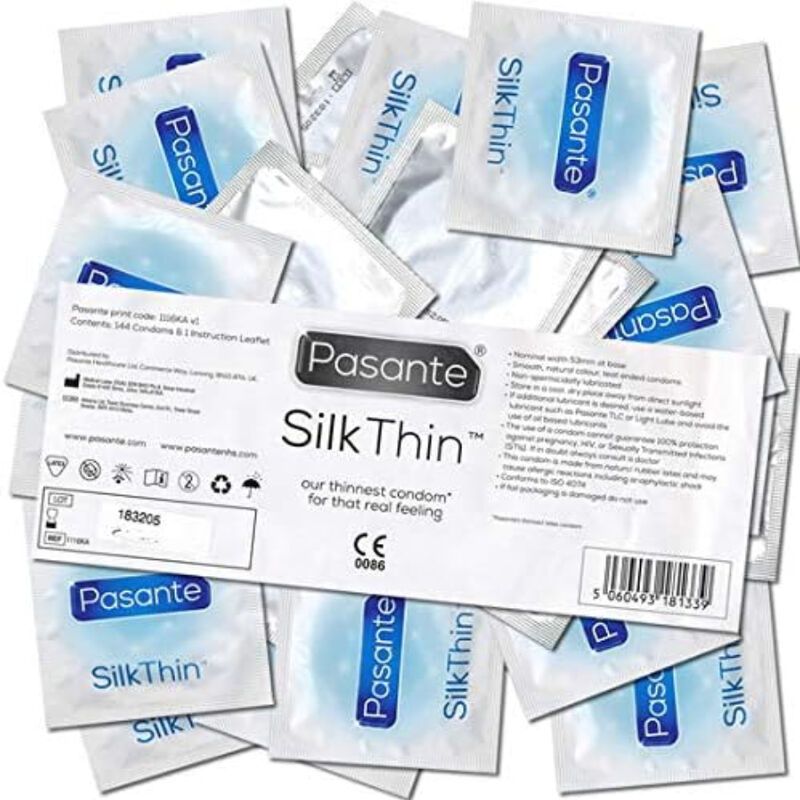 Un preservativo Pasante Silk Thin con dimensioni: lunghezza 190mm, larghezza 53mm. Preservativo in lattice più sottile.