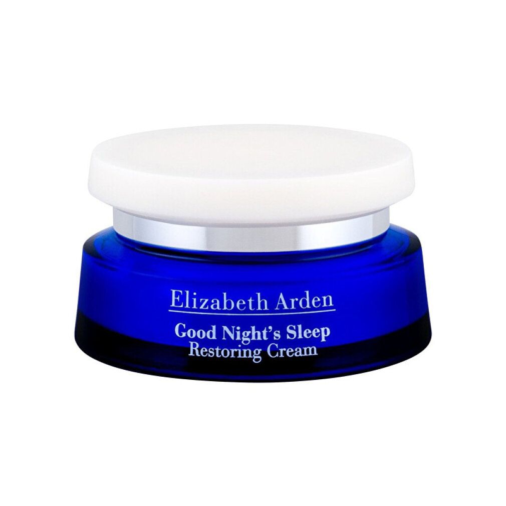 Vaso di crema blu con coperchio bianco. Scritta: Elizabeth Arden Good Night's Sleep Restoring Cream.