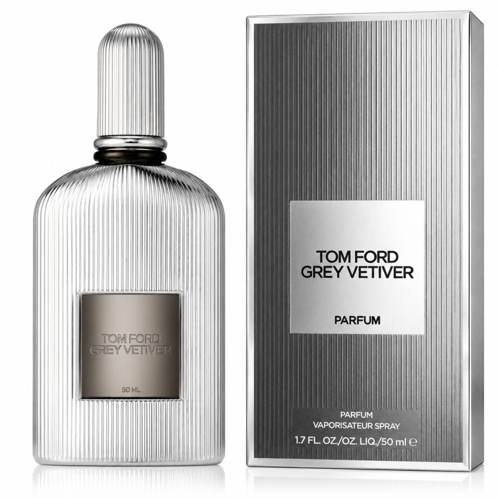 Flacone e scatola Tom Ford Grey Vetiver Eau de Parfum, color argento.
