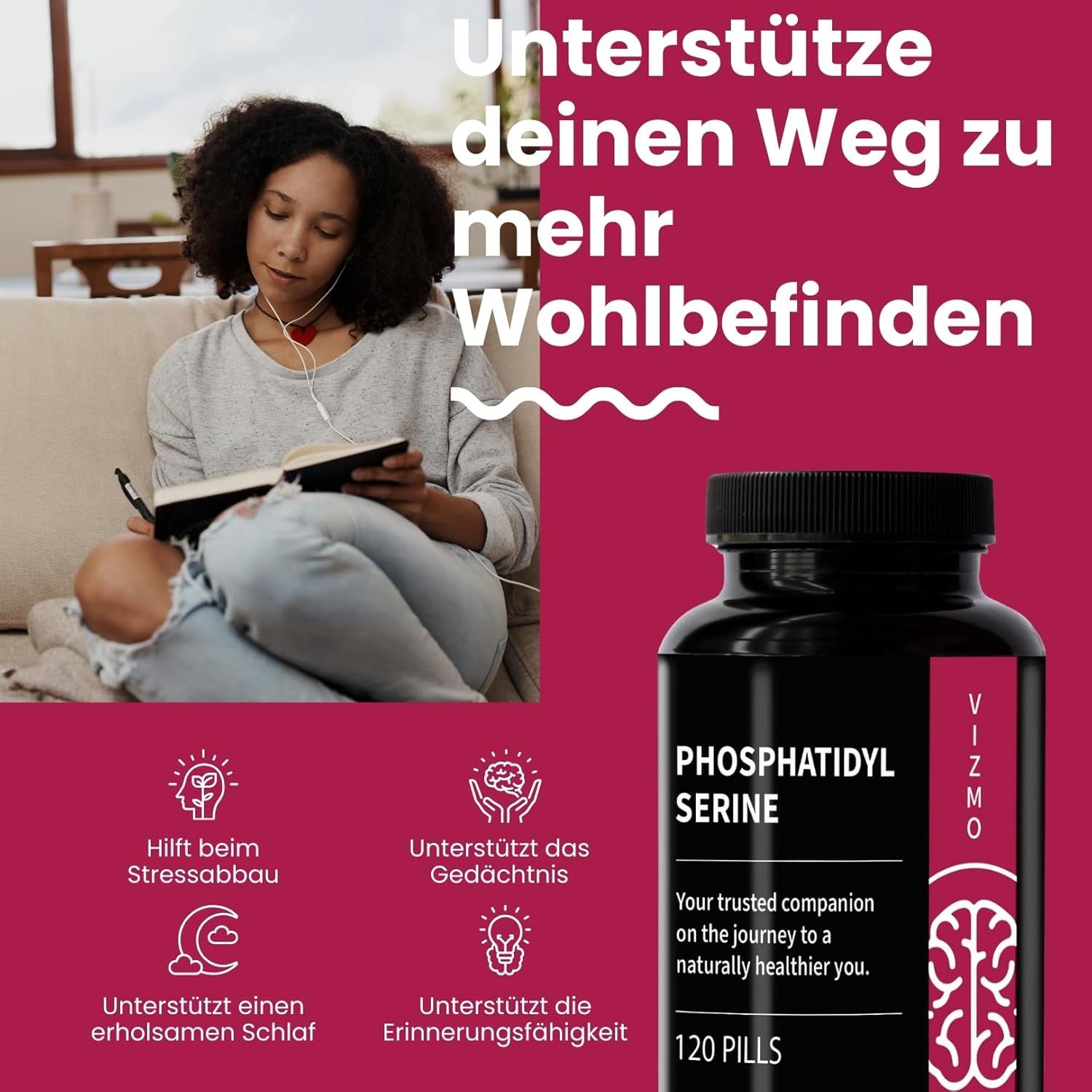 Donna legge un libro vicino a un flacone di Vizmo Fosfatidilserina. 120 pillole. Aiuta lo stress e la memoria.
