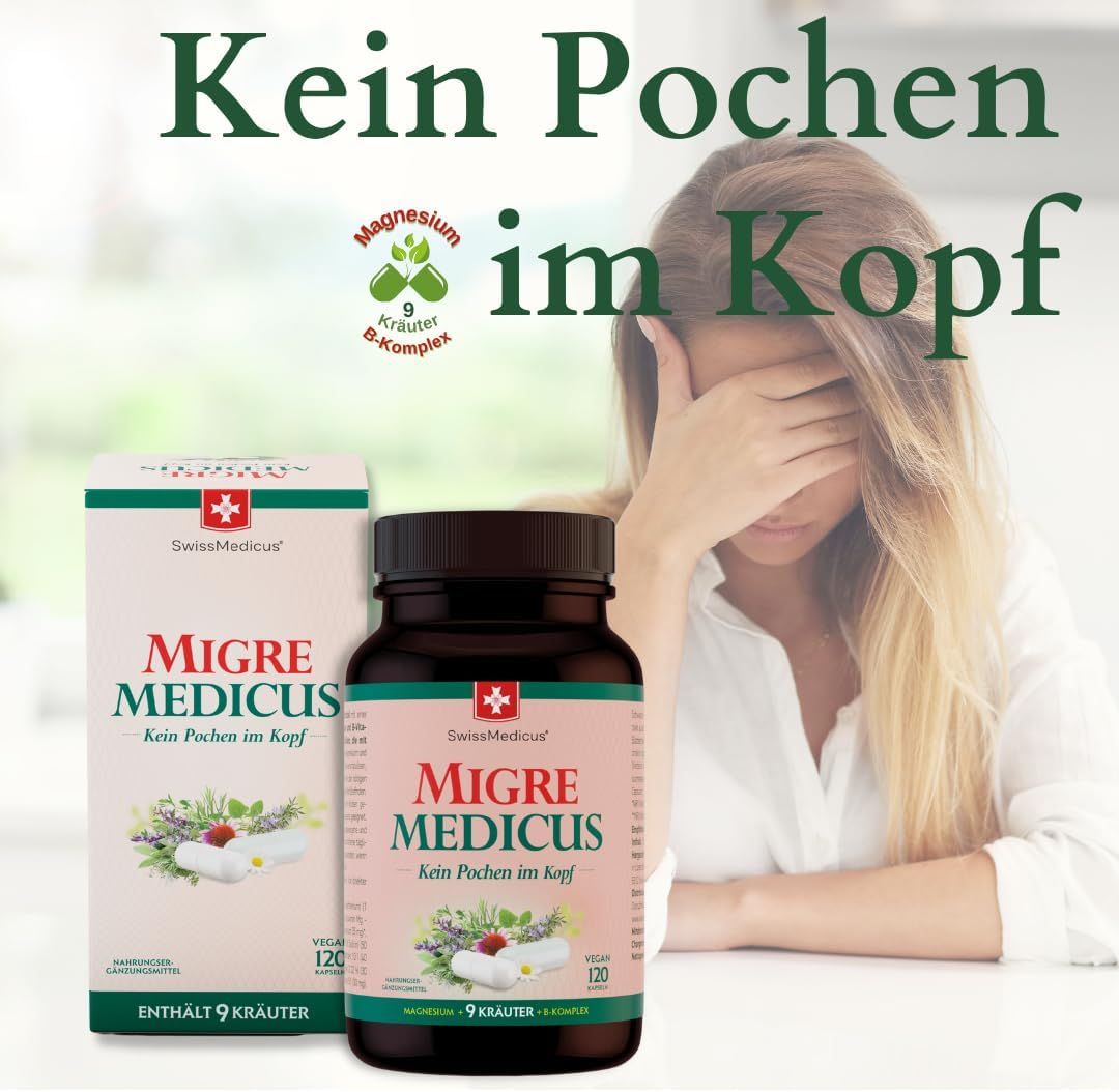 Confezione e flacone di capsule. Donna con mano sulla testa. Testo: Kein Pochen im Kopf.