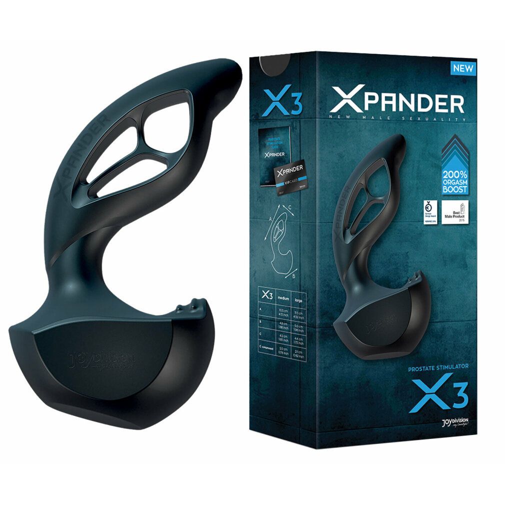 Prodotto grigio scuro con forma curva e aperture. Sulla confezione è scritto "XPANDER X3".