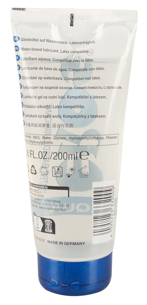Lubrificante EROS Aqua in tubo trasparente con tappo blu, posizionato obliquamente.
