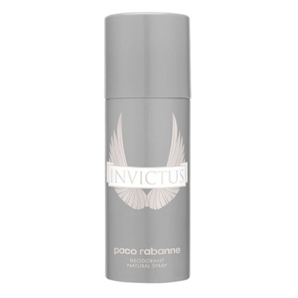 Flacone spray deodorante grigio con logo "Invictus" e scritta "Paco Rabanne". Forma cilindrica con tappo.