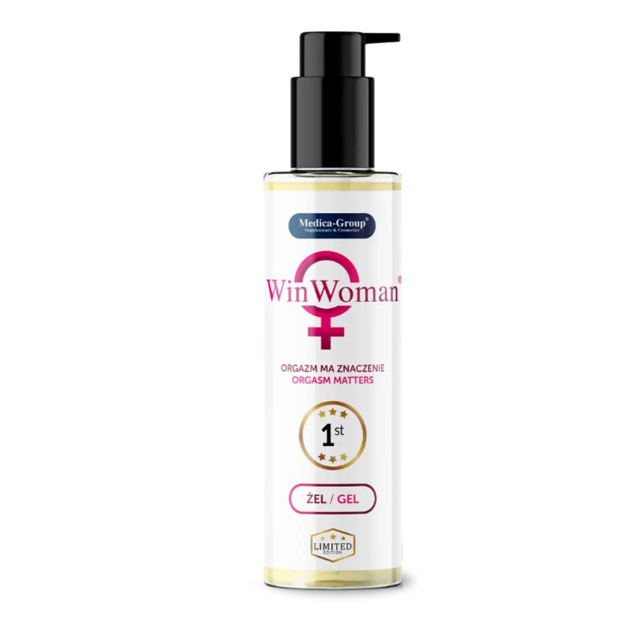 Flacone di gel WinWoman con dosatore nero. Logo, nome del prodotto e testo sull'etichetta. Simbolo femminile rosa.