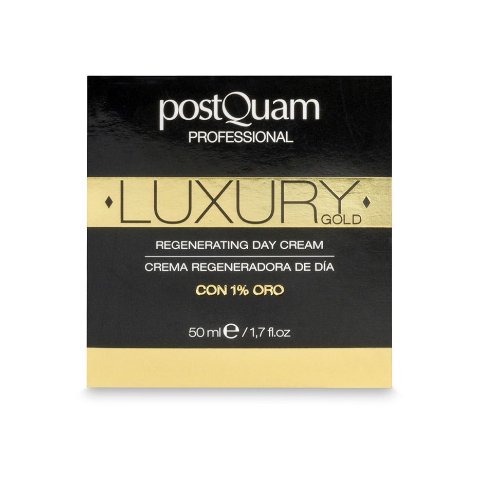 Scatola nera con scritta dorata. Scritta: Luxury Gold, Regenerating Day Cream. Marchio: Postquam Professional. Con 1% oro.