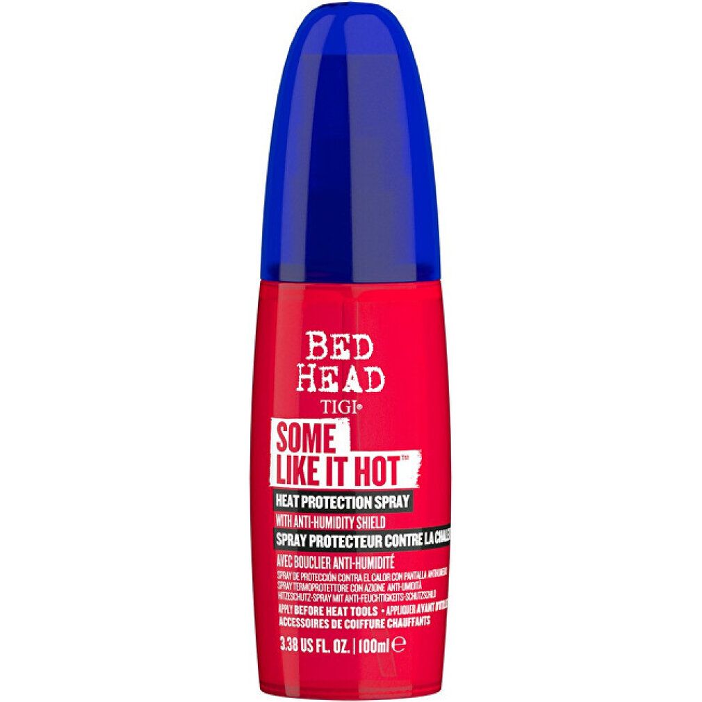 Flacone spray rosso con tappo blu. Scritta: Bed Head Some Like It Hot Heat Protection Spray.