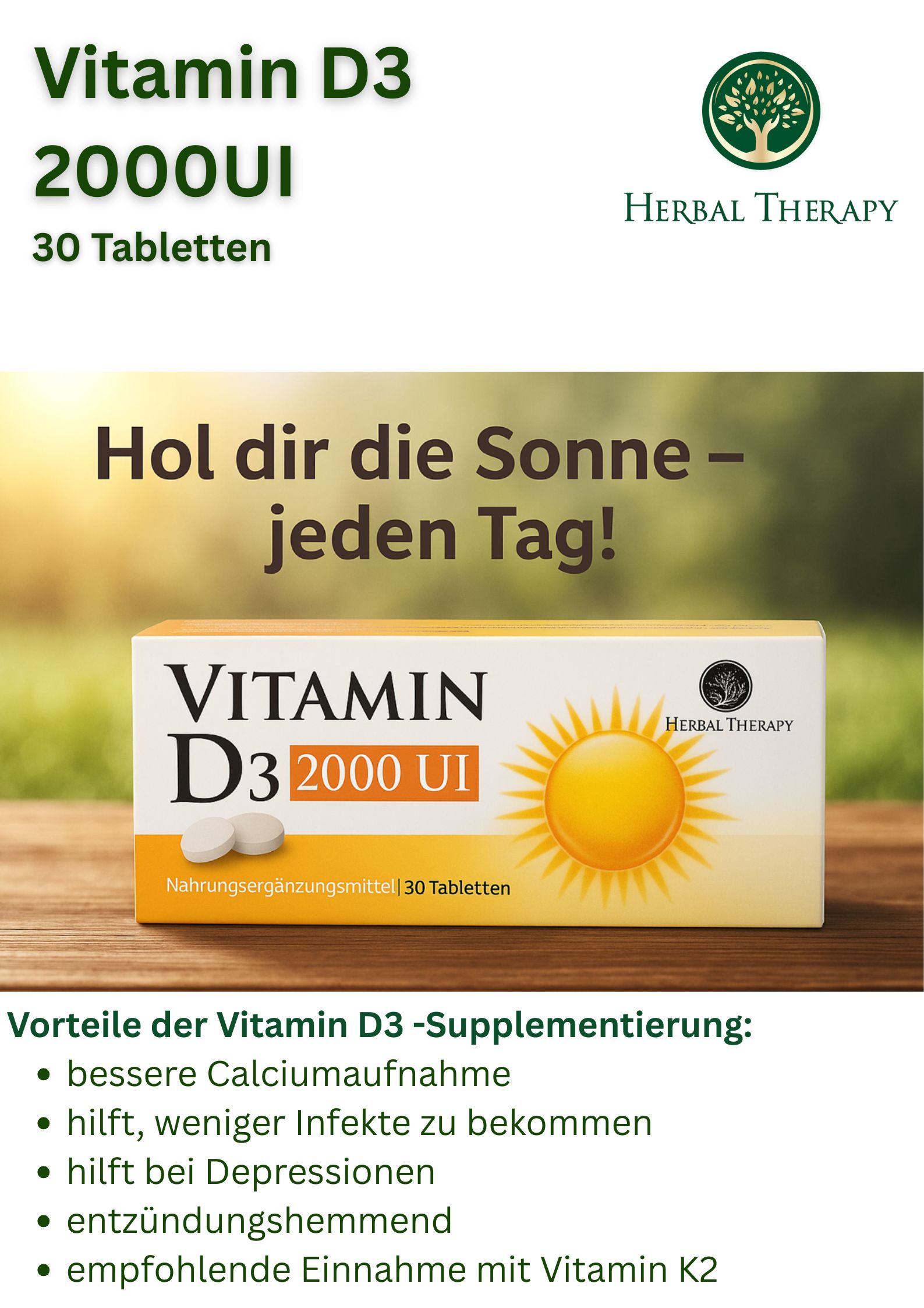 Immagine pubblicitaria con scatola di compresse di vitamina D3 2000 UI. Testo: Prendi il sole – ogni giorno! Vantaggi dell'integrazione di vitamina D3.