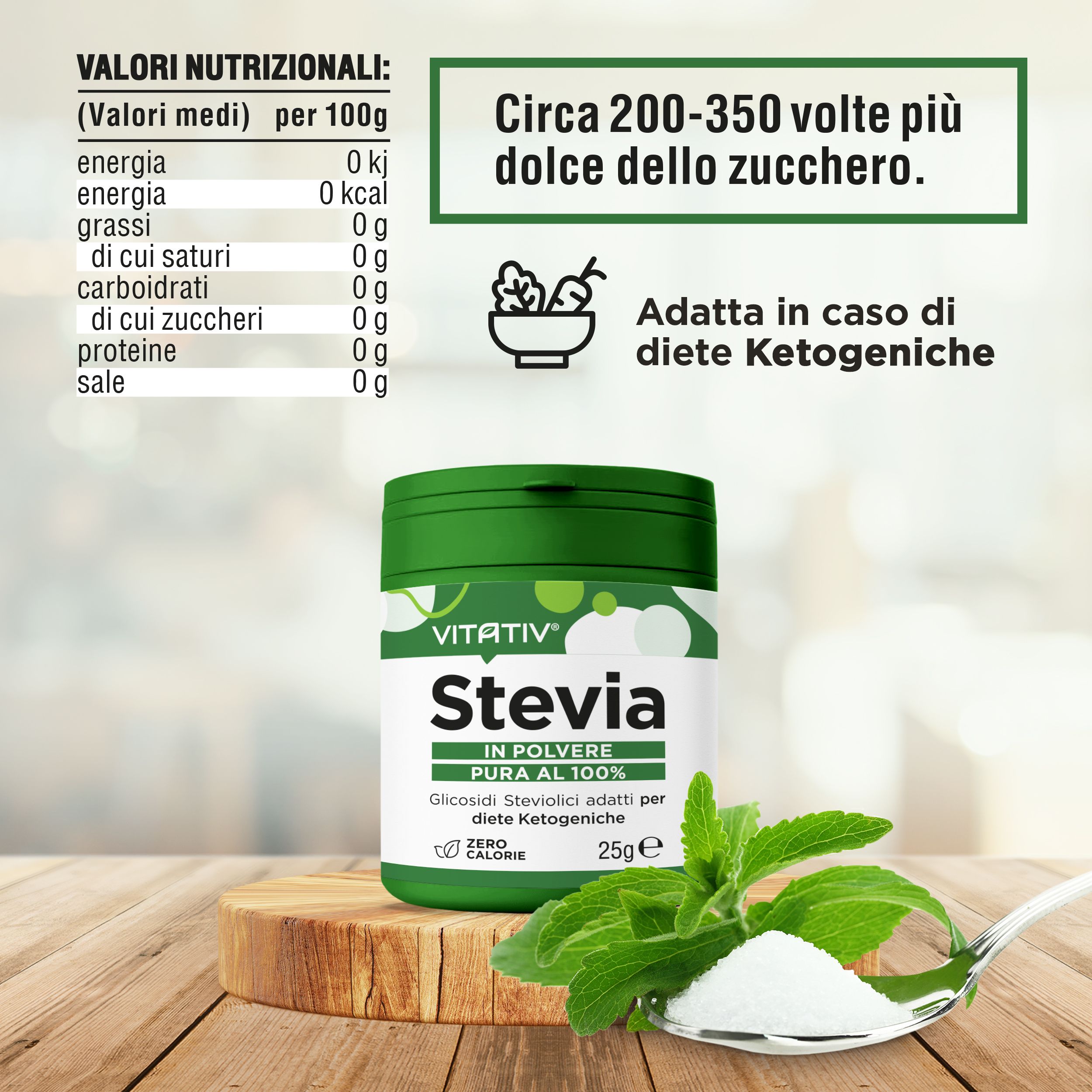 Vitativ® Stevia Pura in Polvere Sottile - Dolcificante Zero Calorie 100% Glicosidi steviolici