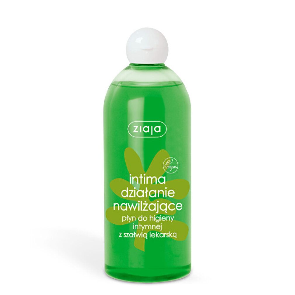 Flacone verde con tappo bianco. Scritta: ZIAJA, Intima, działanie nawilżające, płyn do higieny intymnej z szałwią lekarską. Logo vegano.