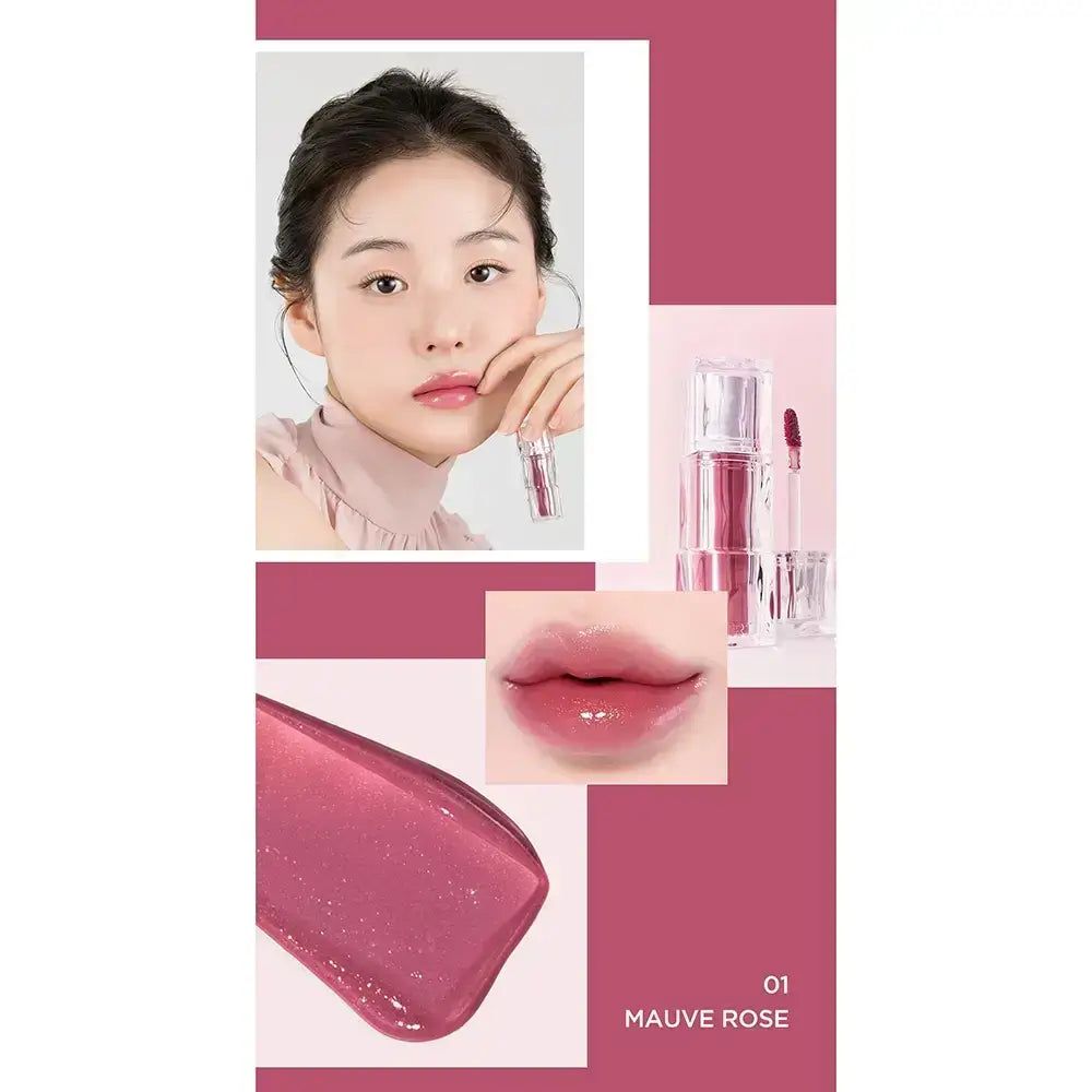 Collage: modella, swatch labbra, prodotto e TIRTIR Waterism Glow Tint 01 Mauve Rose.