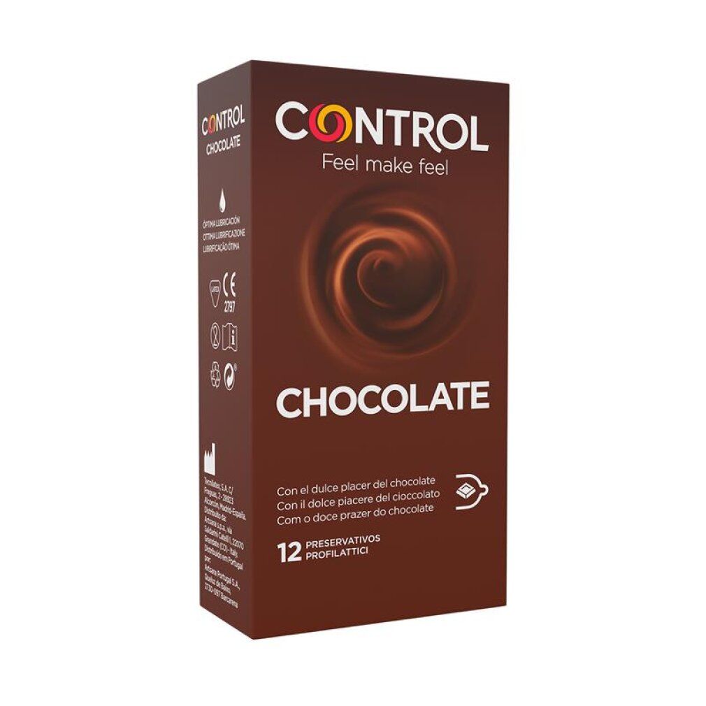 Preservativi Control Cioccolato, confezione da 12. Scatola marrone con design a vortice di cioccolato.