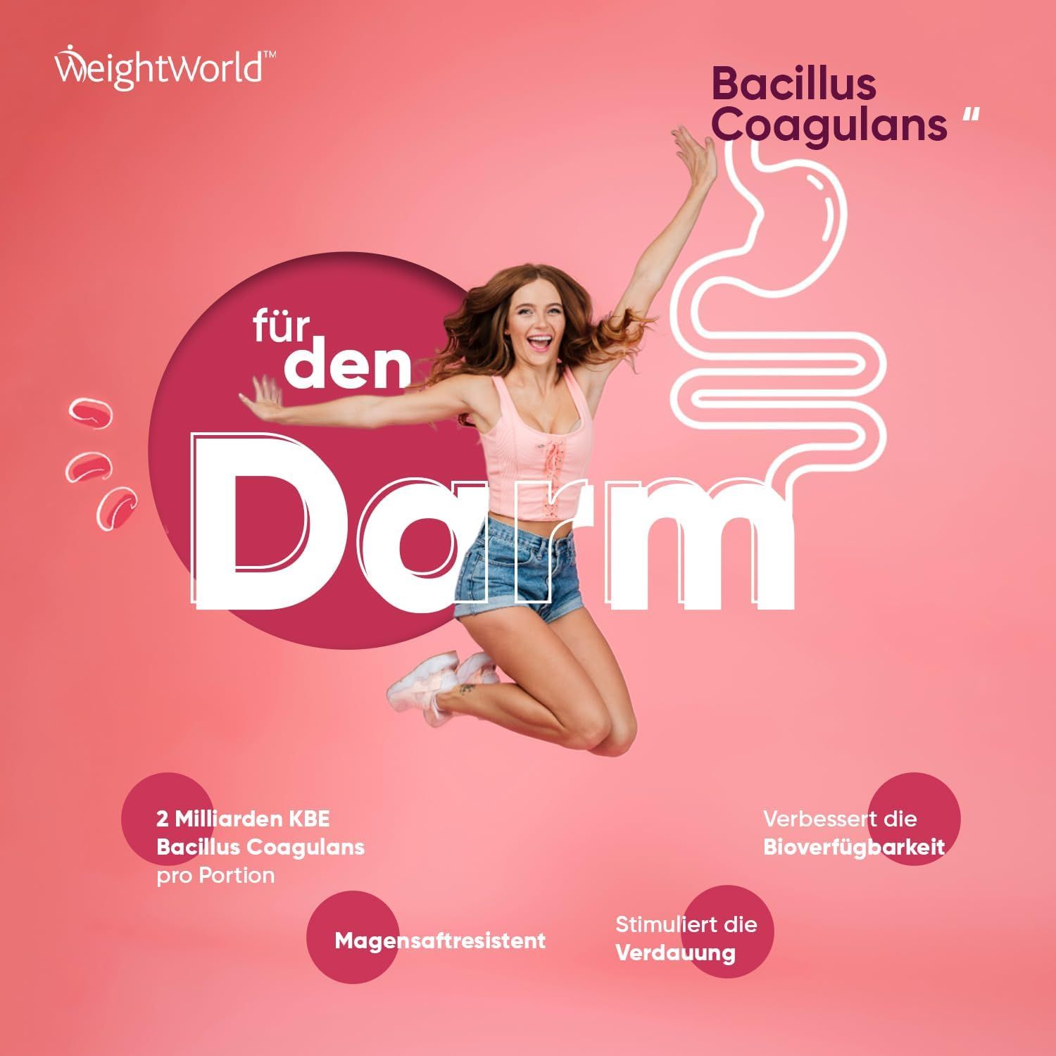 Donna che salta davanti a un diagramma dell'intestino. Testo: « per l'intestino ». Testo: 2 miliardi di UFC per porzione. Migliora la biodisponibilità.