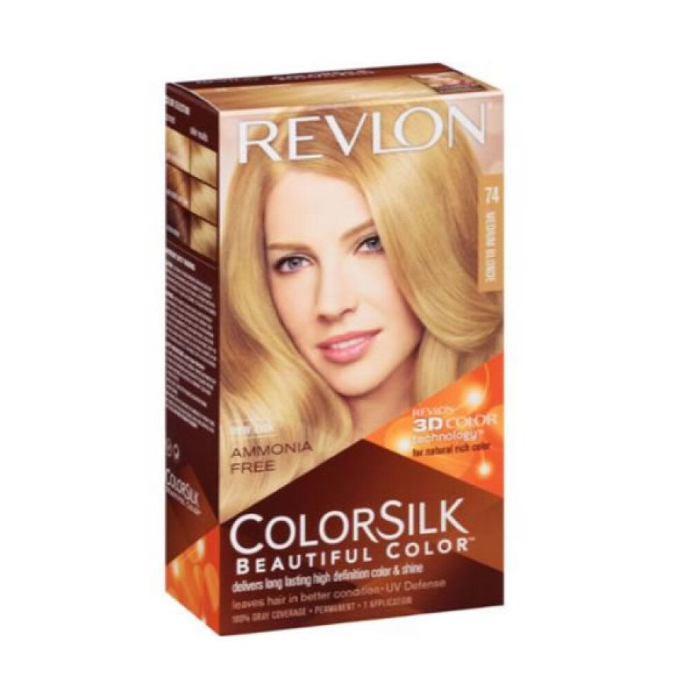 Confezione Revlon Colorsilk con modella, tonalità 74 Biondo Medio, senza ammoniaca, tecnologia 3D Color Gel.