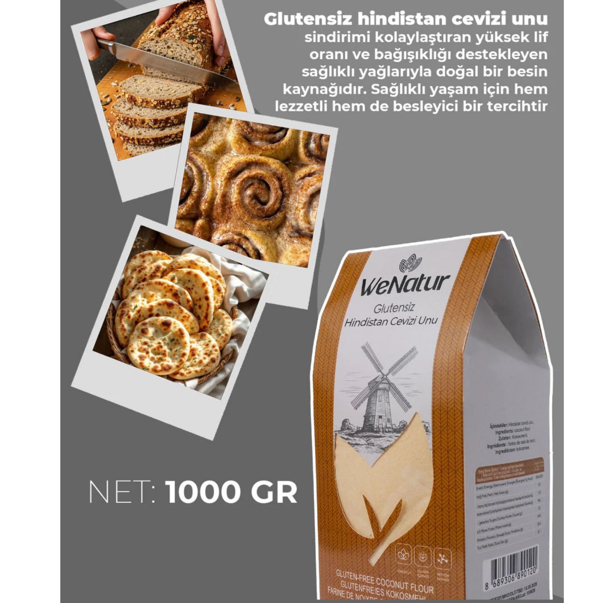 Confezione di farina di cocco senza glutine, 1000g netti, con foto di prodotti da forno.