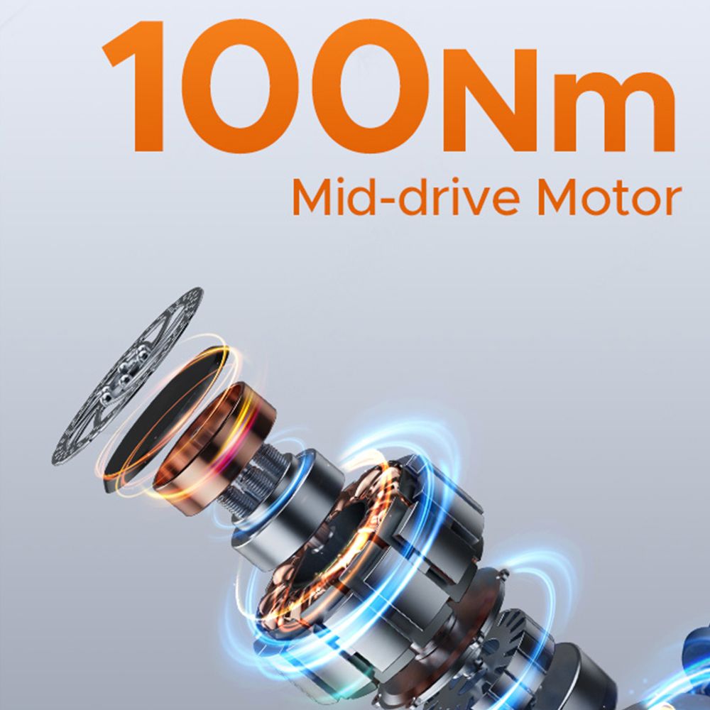 Grafica mostra un motore con la scritta "100Nm Mid-drive Motor".