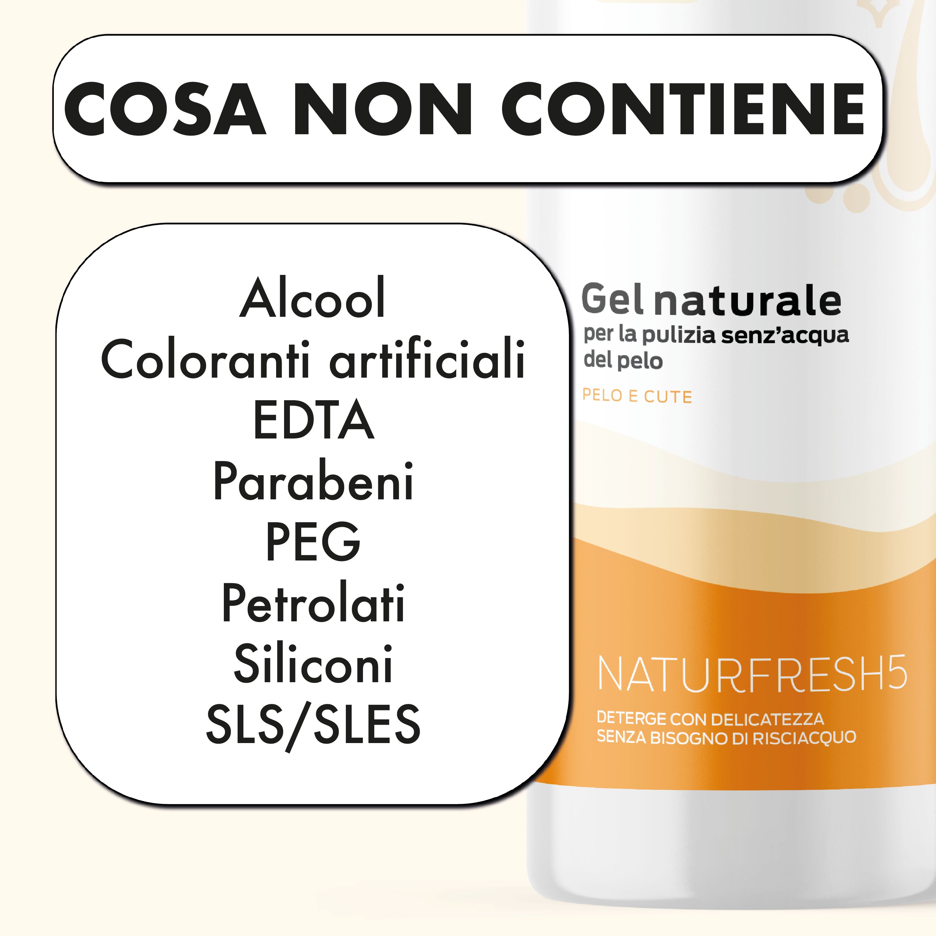 Flacone NaturFresh5 con ingredienti. Testo: Senza alcool, coloranti, EDTA, parabeni, PEG, petrolati, siliconi, SLS/SLES.