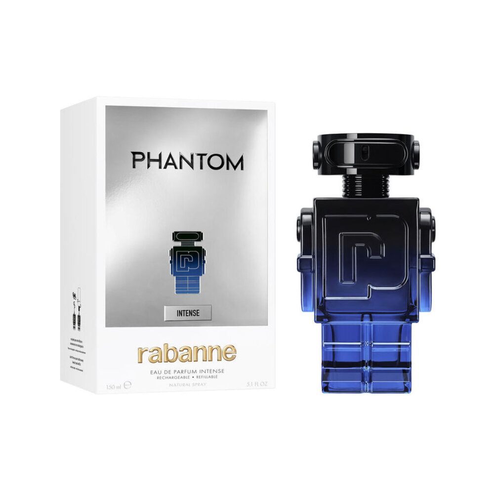 Flacone di profumo a forma di robot blu-nero e confezione. Sulla confezione sono visibili "Phantom" e "rabanne".