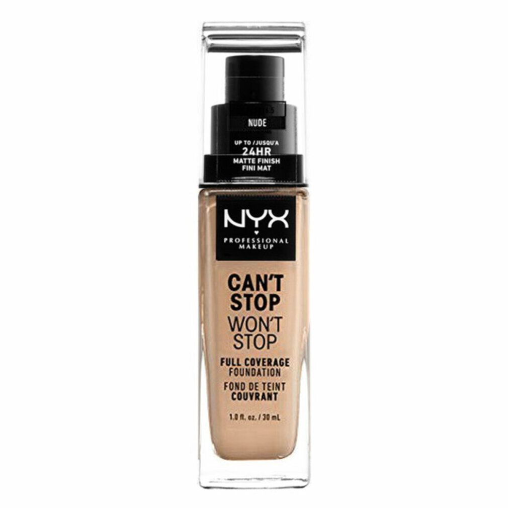 Flacone di fondotinta NYX Can't Stop Won't Stop con erogatore, "Nude" sul tappo.
