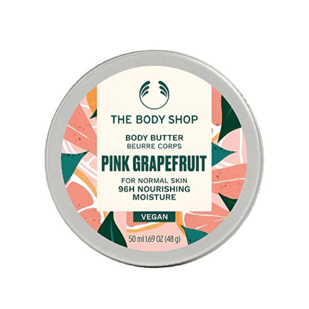 Barattolo rotondo con coperchio. Scritta: THE BODY SHOP, Pink Grapefruit, Body Butter, idratazione 96H. Vegano. 50 ml.