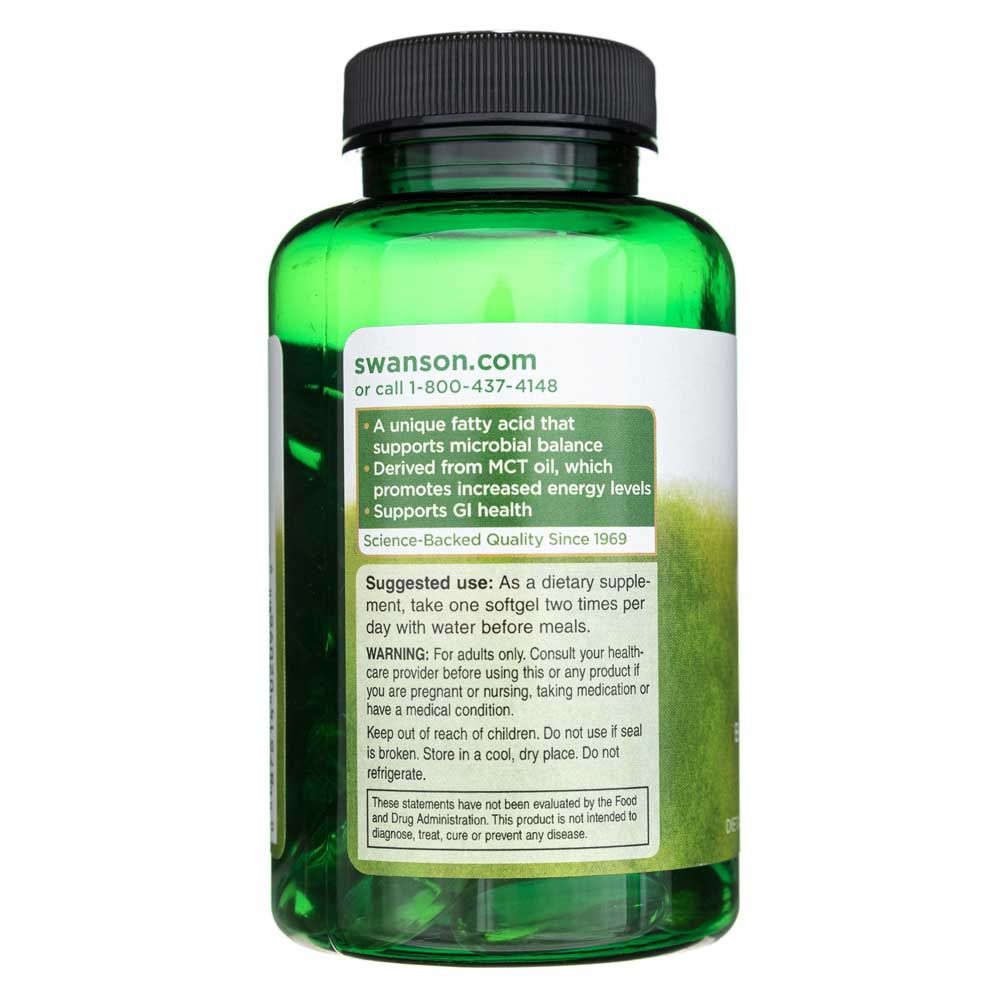 Retro di un flacone verde di softgel di acido caprilico, istruzioni per l'uso e avvertenze.