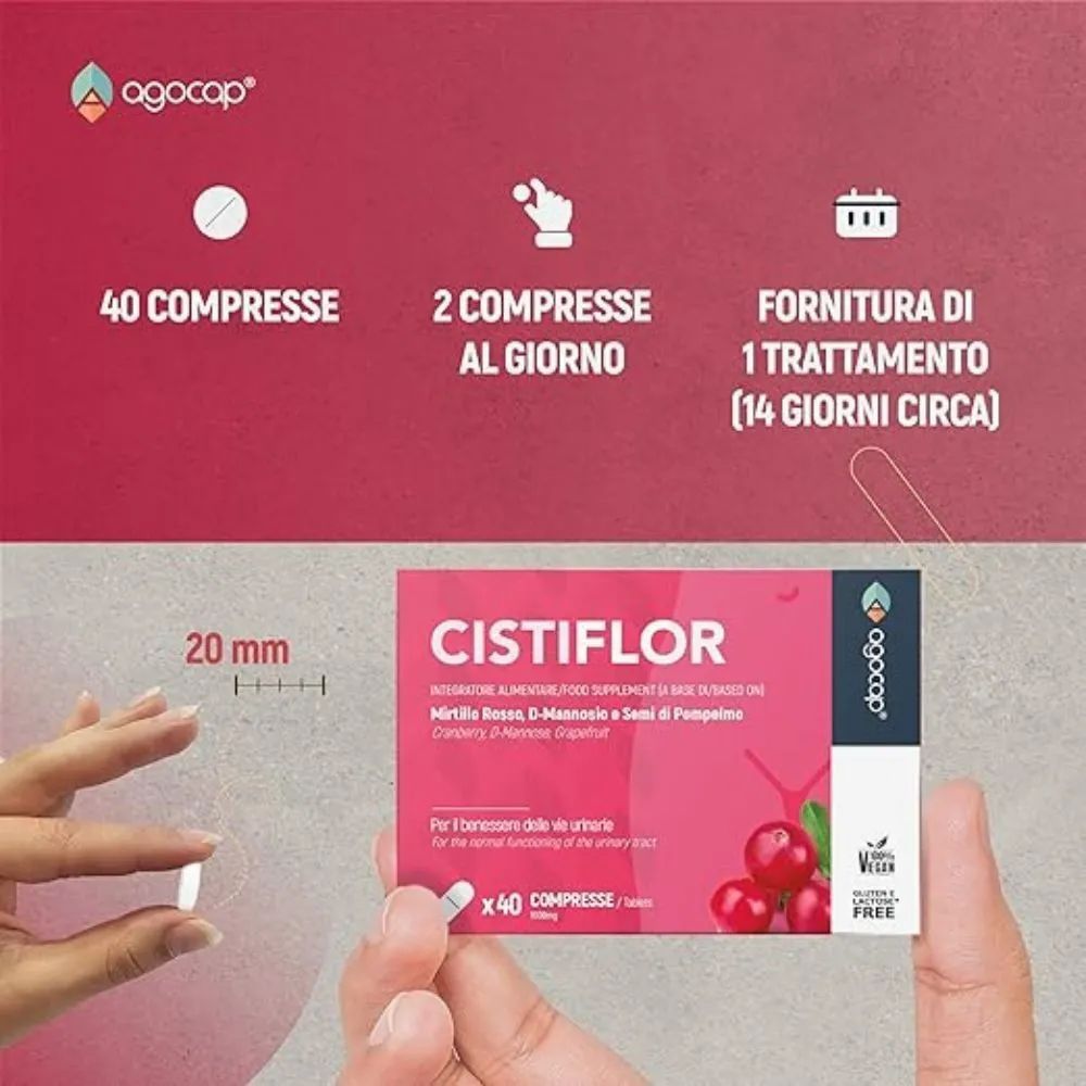 Primo piano di una compressa accanto a una confezione del prodotto. Testo: 40 compresse, 2 al giorno.