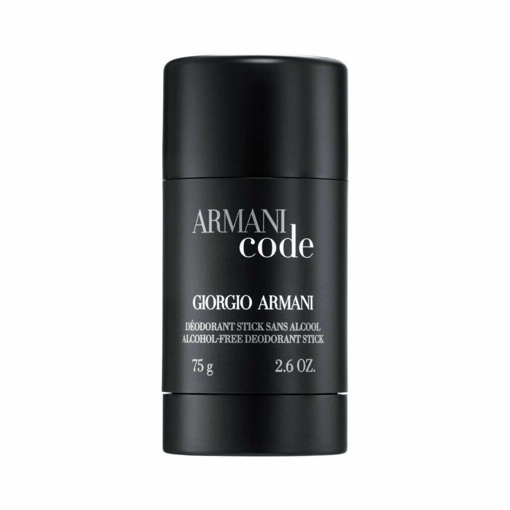 Deodorante stick nero. Scritta: ARMANI code, GIORGIO ARMANI, Deodorant Stick sans alcool, 75 g, 2.6 oz.