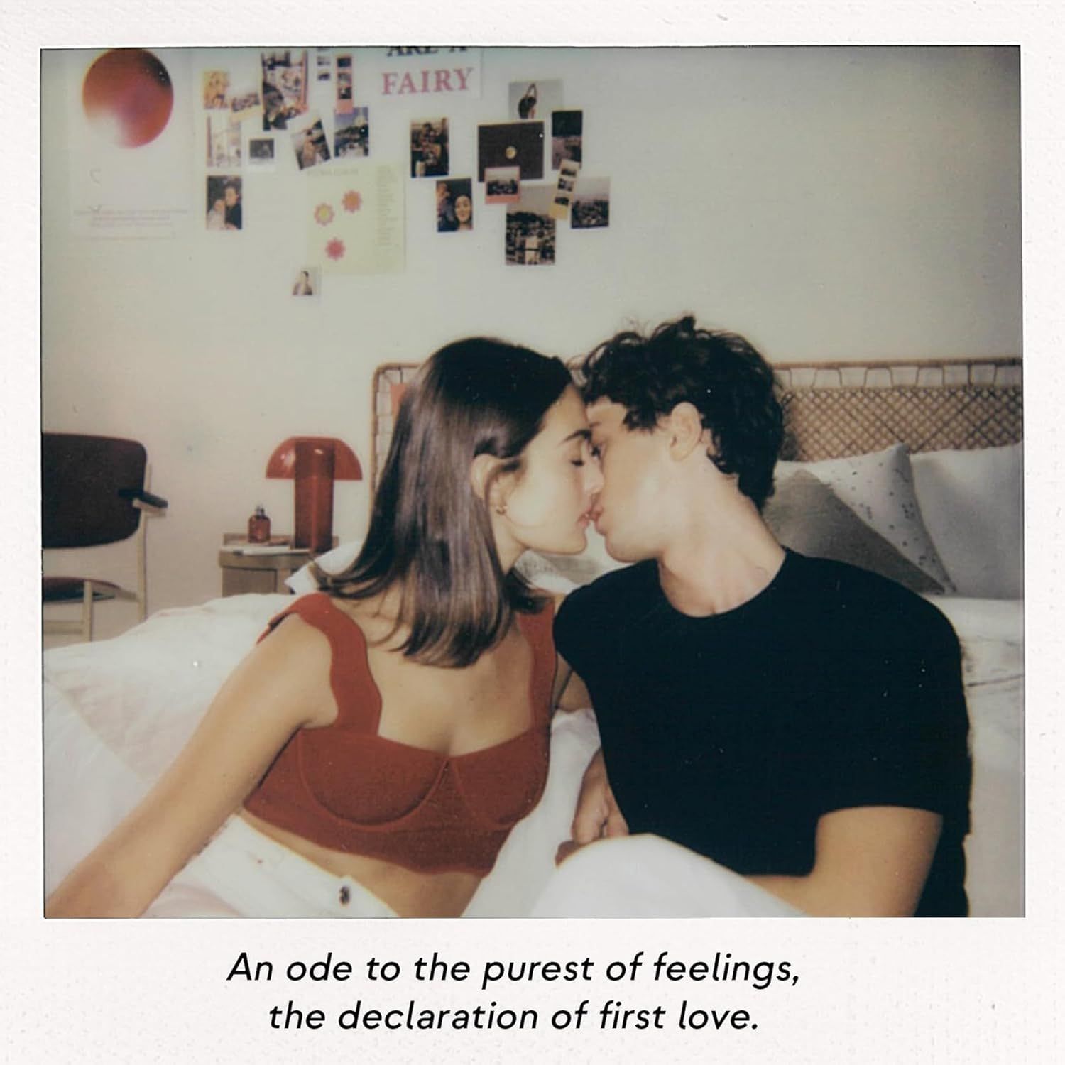 Due persone si baciano. Testo: An ode to the purest of feelings, the declaration of first love.