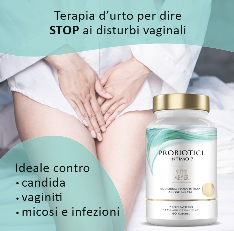Immagine pubblicitaria con flacone e testo: Terapia contro i disturbi vaginali. Testo: Ideale contro candida, vaginiti, infezioni.