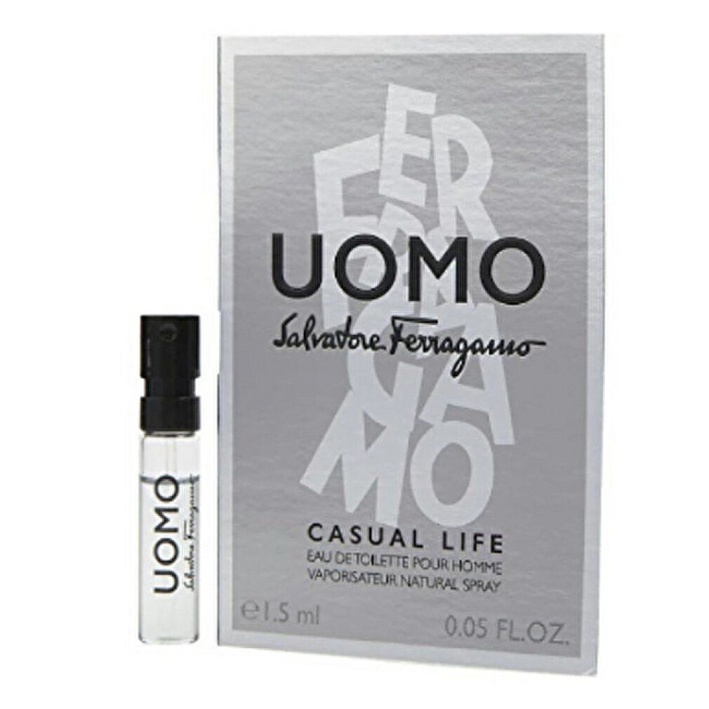 Campione UOMO Casual Life e confezione. Flaconcino e scatola. Scritte UOMO, Salvatore Ferragamo, Casual Life.