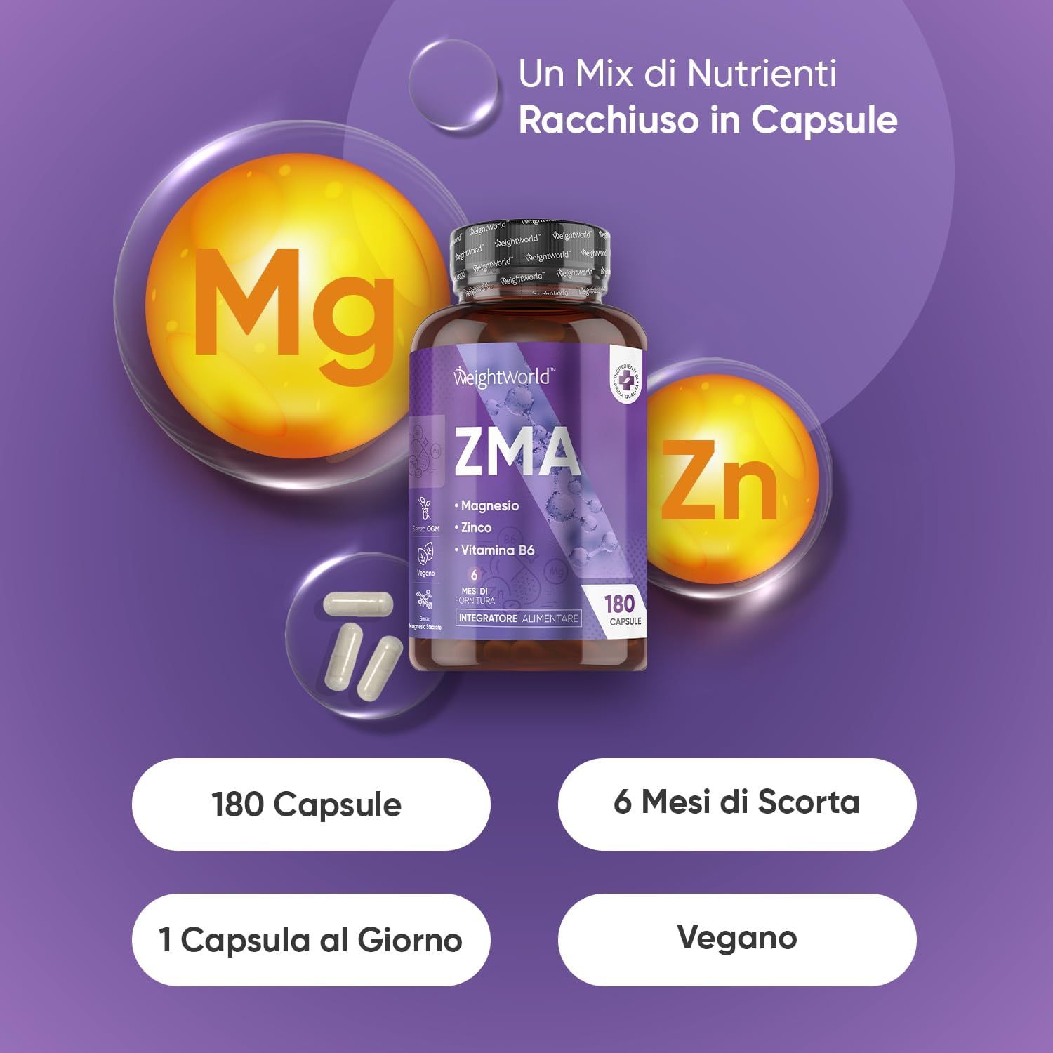 WeightWorld ZMA capsule. Contiene magnesio, zinco e vitamina B6. 180 capsule. 6 mesi di scorta. Vegano.