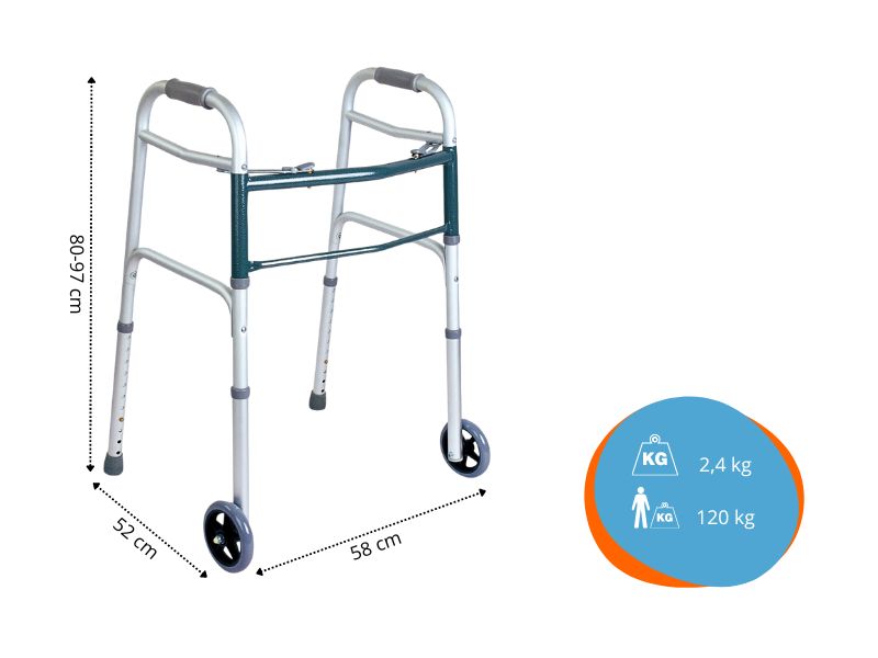 Deambulatore con due ruote e due punte. Dimensioni: 52x58x80-97 cm. Peso: 2,4 kg. Carico max: 120 kg. Argento.