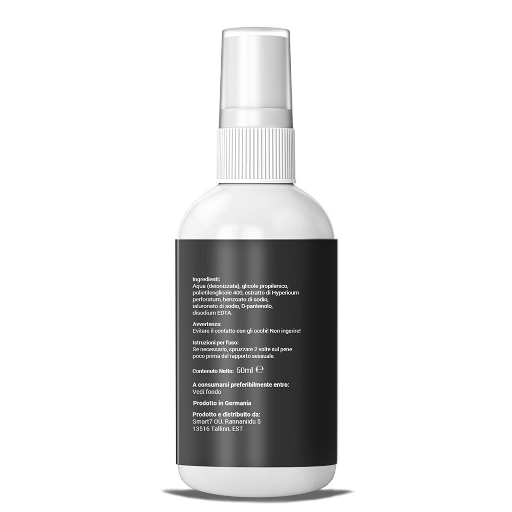 Retro di un flacone spray bianco con etichetta nera. Contiene ingredienti e avvertenze. 50 ml.