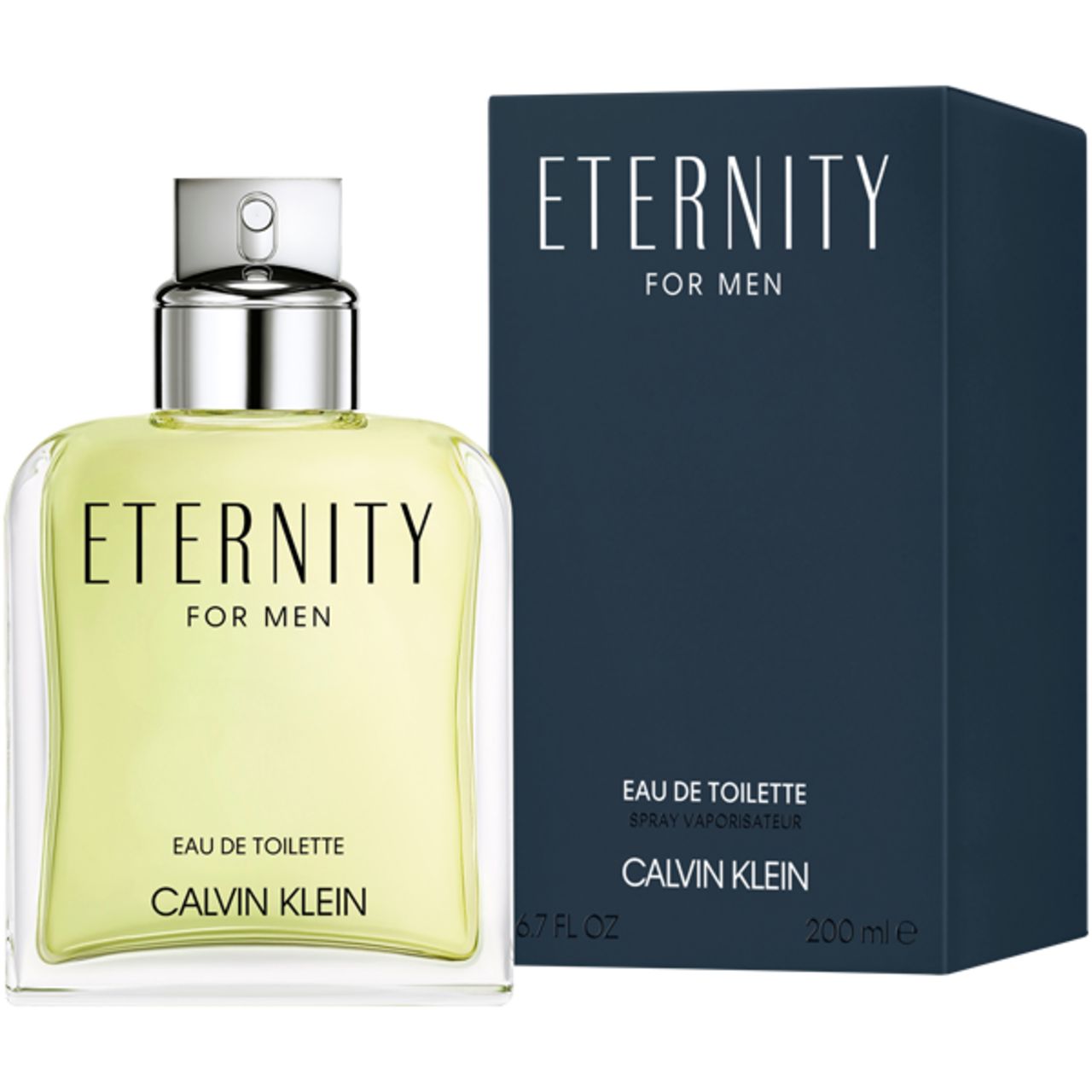 Flacone in vetro e confezione. Scritta: Eternity for Men, Eau de Toilette, Calvin Klein. 6.7 FL OZ, 200 ml.