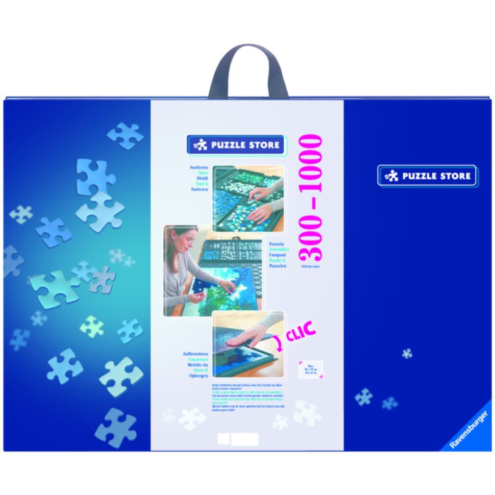 Borsa porta puzzle blu e bianca con manico. Stampa: Puzzle Store, 300-1000 pezzi. Illustrazioni di pezzi e utilizzo.
